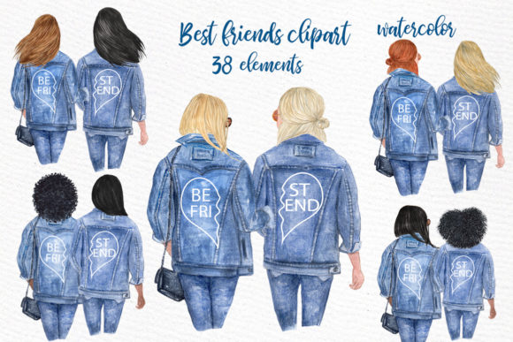 Best Friends Girls in Jeans Illustrations for Real Craft Projects